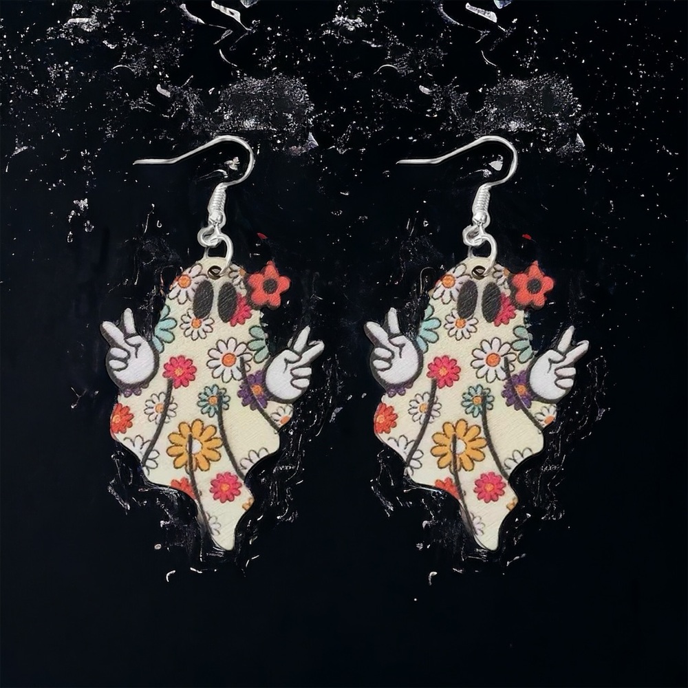 Vintage Style Colorful Flower Print Ghost Design Dangle Halloween Earrings Woode